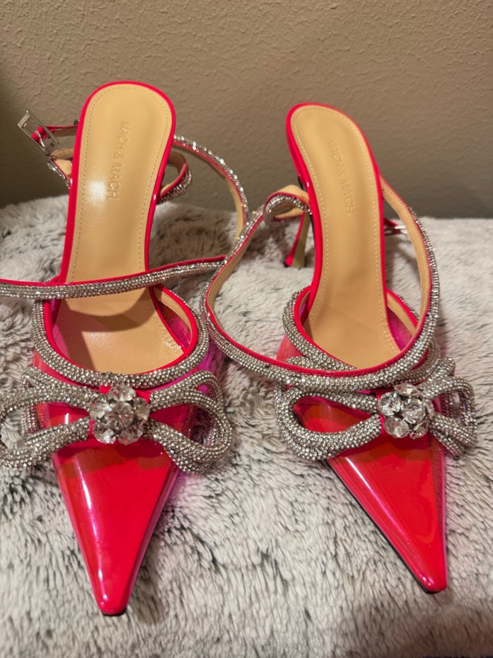 MACH & MACH Neon Pink Patent Pointed Slingback Heels with Crystal Bows